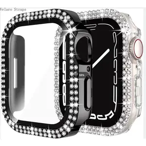 Luxury Wearable Smart Watch Accessories, Double-Row Rhinestone 2-in-1 Protective Case with PC Bumper and Tempered Glass Screen Protector for 38-46mm Devices, Enhanced Protection for Sports & Outdoor Use