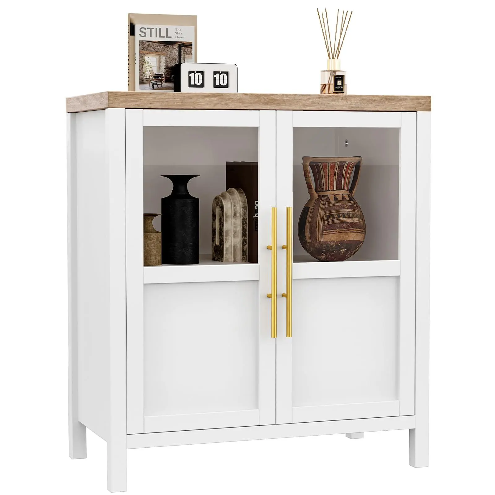 White 55-Inch Sideboard Buffet Cabinet - 4 Glass Doors, Buffet Table, Coffee Bar, Wine Bar Display Cabinet for Kitchen, Dining Room