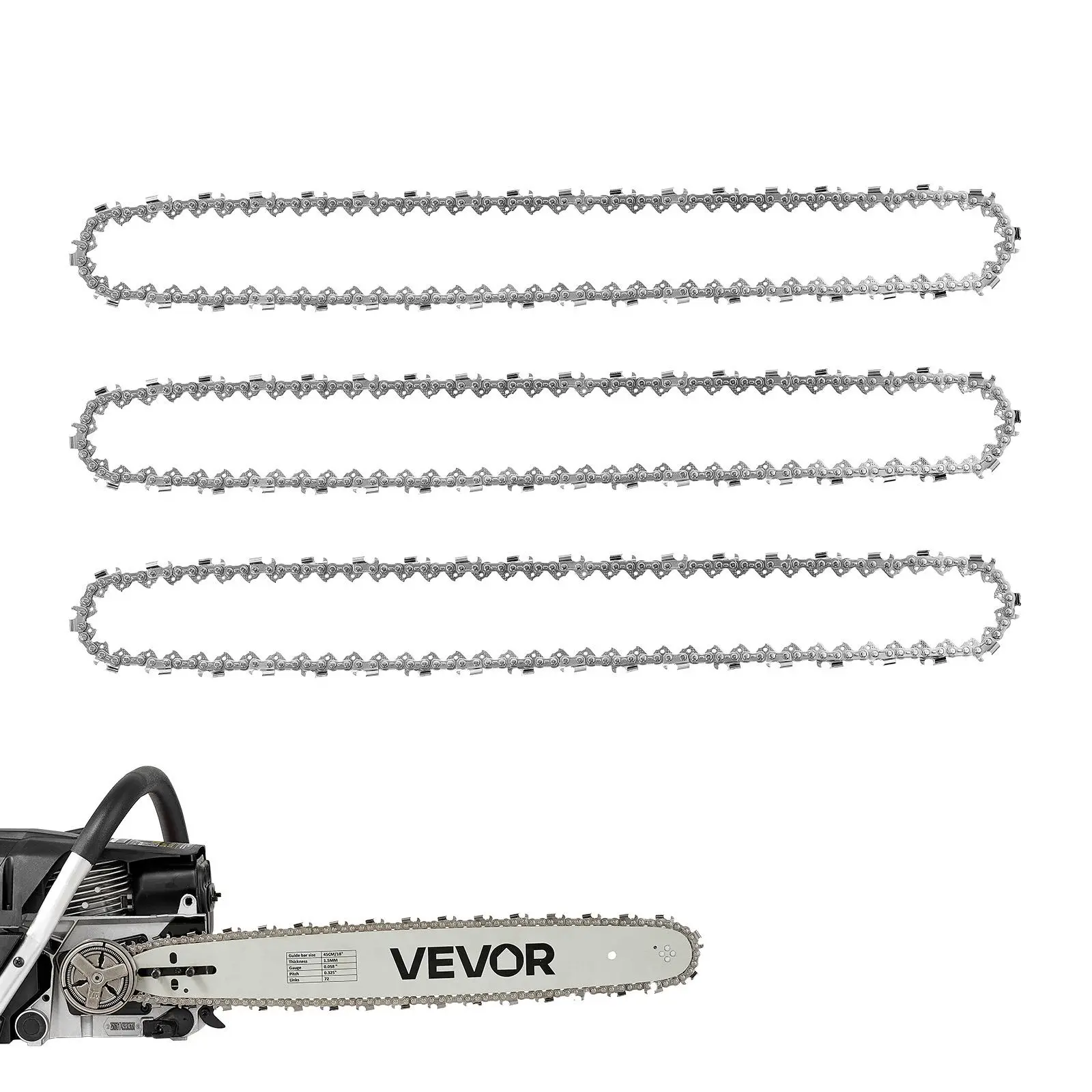 【toolupgrade】VEVOR 3-Pack 18-Inch Forged Steel Chainsaw Chains, 0.325" Pitch, 0.058" Gauge, 72 Drive Links, Fits VEVOR CN-52G Gas Chainsaw, Sharp Cutter Teeth, Wear-Resistant Tie Strap, Boosts Cutting Performance for Outdoor Gas Saw Users