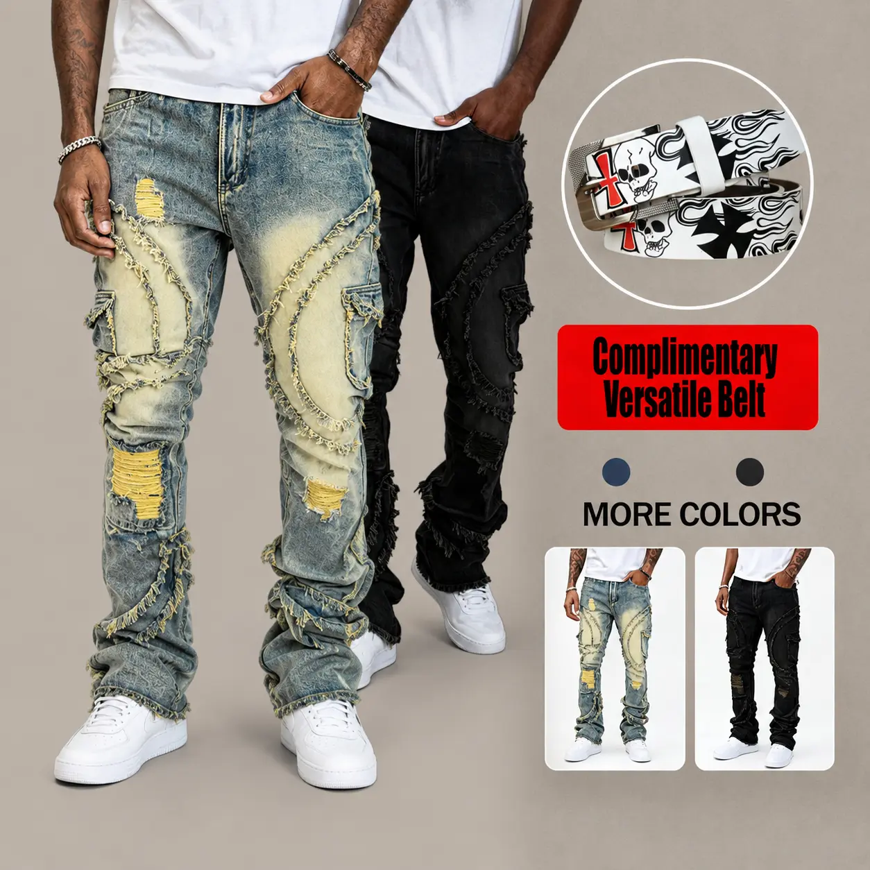 Men's stacked flare jeans, high street distressed stretch denim, slim fit bootcut pants, ripped frayed edge jeans, hip hop streetwear, vintage washed blue jeans, elastic stacked trousers, men's fashion streetwear pants, gift belt included