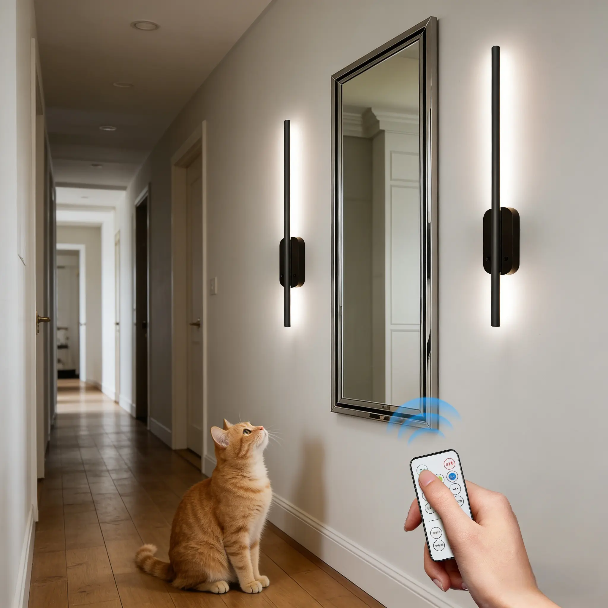 2pcs Black Modern Style LED Rechargeable Wall Sconces with Adjustable Colors, Remote control, Dimmable Lighting, Dimmable Wall Lamp, Metal Finish And Semi-Recessed Installation, Suitable for Bedrooms, Hallways, And Living Rooms, Hardwired, LED Wall Lamps