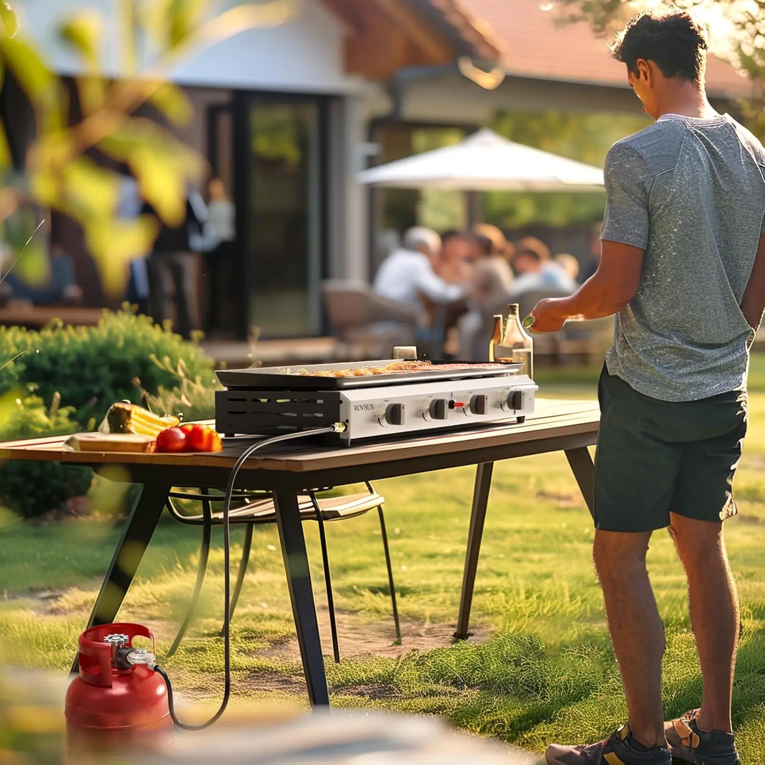 ROVSUN 4 Burner Portable Propane Griddle with Nonstick Enameled Tray, 40,000 BTU Tabletop Flat Top Gas Grill with Electronic Ignition & Regulator for Outdoor Cooking Camping BBQ Tailgating