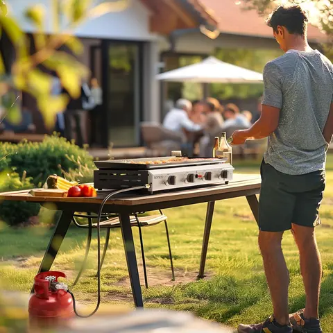 ROVSUN 4-Burner Portable Propane Griddle - Outdoor Camping Equipment, 40000 BTU Portable Gas Stove with 4 Control Knobs, Piezo Ignition, Stainless Steel Nonstick Enameled Tray, Regulator, Metal Frame, Compact for Easy Mobility, Patio Cooker,techvibes
