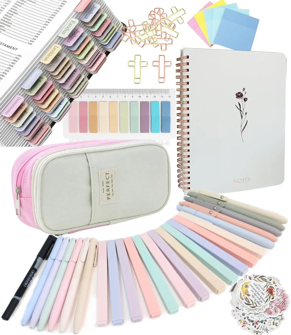 Bible Study Supplies Journaling Kit with Tabs and Highlighter, Pen Case, Bible Annotation kit, Bible Study Group Essentials Accessories Set for Women Students Beginner Christian Gifts Stationery Sticky