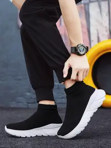 Men's Solid Color Slip on High Top Sock Sneakers, Casual Comfortable Breathable Sports Running Shoes, Male All-match Round Toe Shoes for Daily Wear, Athletic Running Trainers