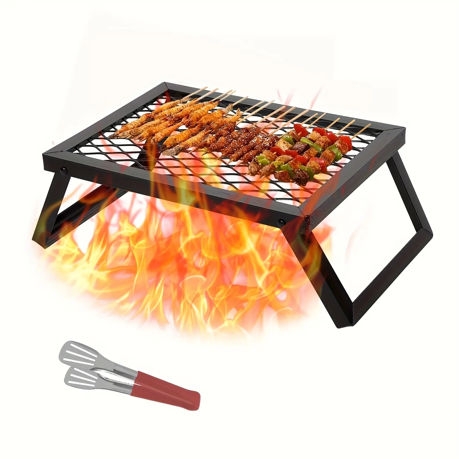 Portable Foldable Black Barbecue Grill Set (16×12 in) - Sturdy Heavy-Duty Steel Shell, High Open Flames Heat Grate with Legs, Black Grill Rack + Tongs, Cookout Ready Small-Group Outdoor Cooking Gear for Fast Steak Searing