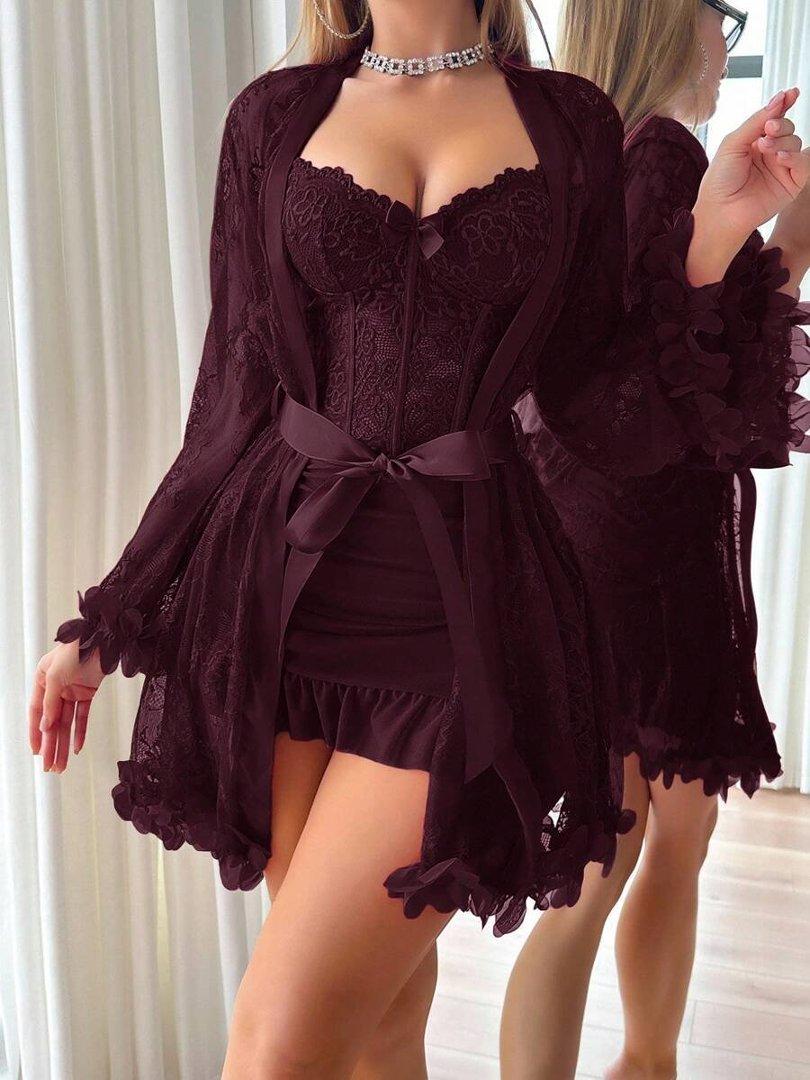 2 pcs Lingerie For Women Womens Lace Bodysuit Sexy Nighty Mesh Sleepwear V Neck Chemise Nightgowns