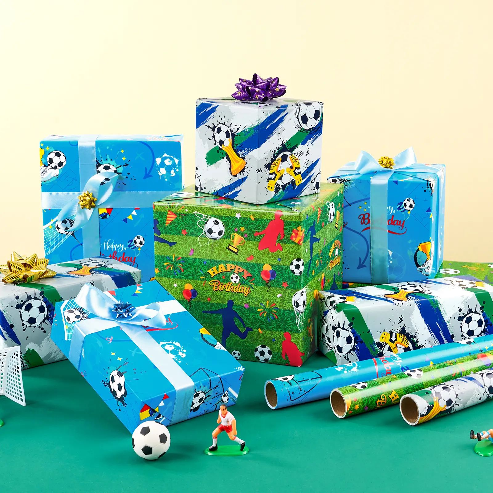 WERNNSAI 3-Pack Wrapping Paper Rolls with Cutting Lines, Birthday Gift Box Wrap for Boys, Soccer-Football-Dinosaur-Monster Truck-Video Game-Dog Themes, Blue Space-Ocean Party Supplies, Home & Festive Craft Use
