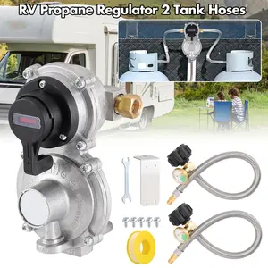 Dazone 2-Stage Automatic Changeover LP Propane Gas Regulator with Two 18" RV Pigtail Propane Hoses with Gauge, Stainless Braided QCC1 1/4" Inverted Male Flare, Ideal for Trailers and Camper RVs