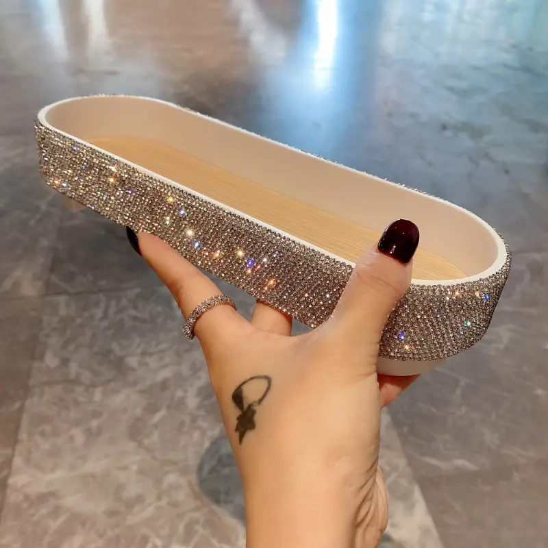 1pc Luxury Perfume Storage Tray, Artificial Diamond Inlaid Desktop Cosmetics Sorting Box, Small Snack Storage Tray
