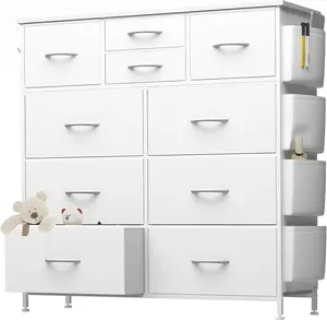 10-Drawer Dresser with Side Pocket & Hooks, Storage Cabinet with Wood Top for Bedroom Closet Organization