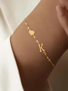 Women's Stainless Steel Letter Heart Bracelet, Elegant Simple Design, All Season Jewelry, No Choking Hazard, Classic Lip Chain, Heart Charm Bracelet