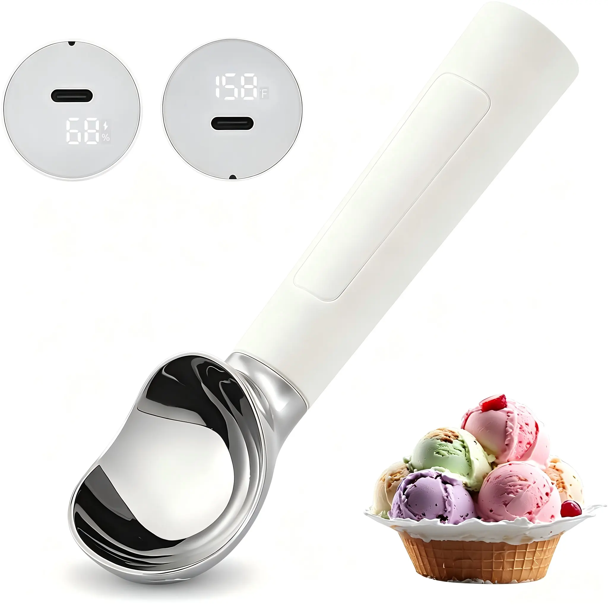 Heated Ice Cream Scoop Rechargeable, Electric Warming Ice Cream Scooper with LED Display, Heats to 158°F for Hard Ice Cream, Easy for Seniors & Kids, IP67 Waterproof (White, 2 oz)