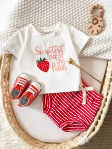 Baby Clothing Set with Embroidered Strawberry Lettering Short Sleeve Top & Plaid Shorts Summer Two-Piece