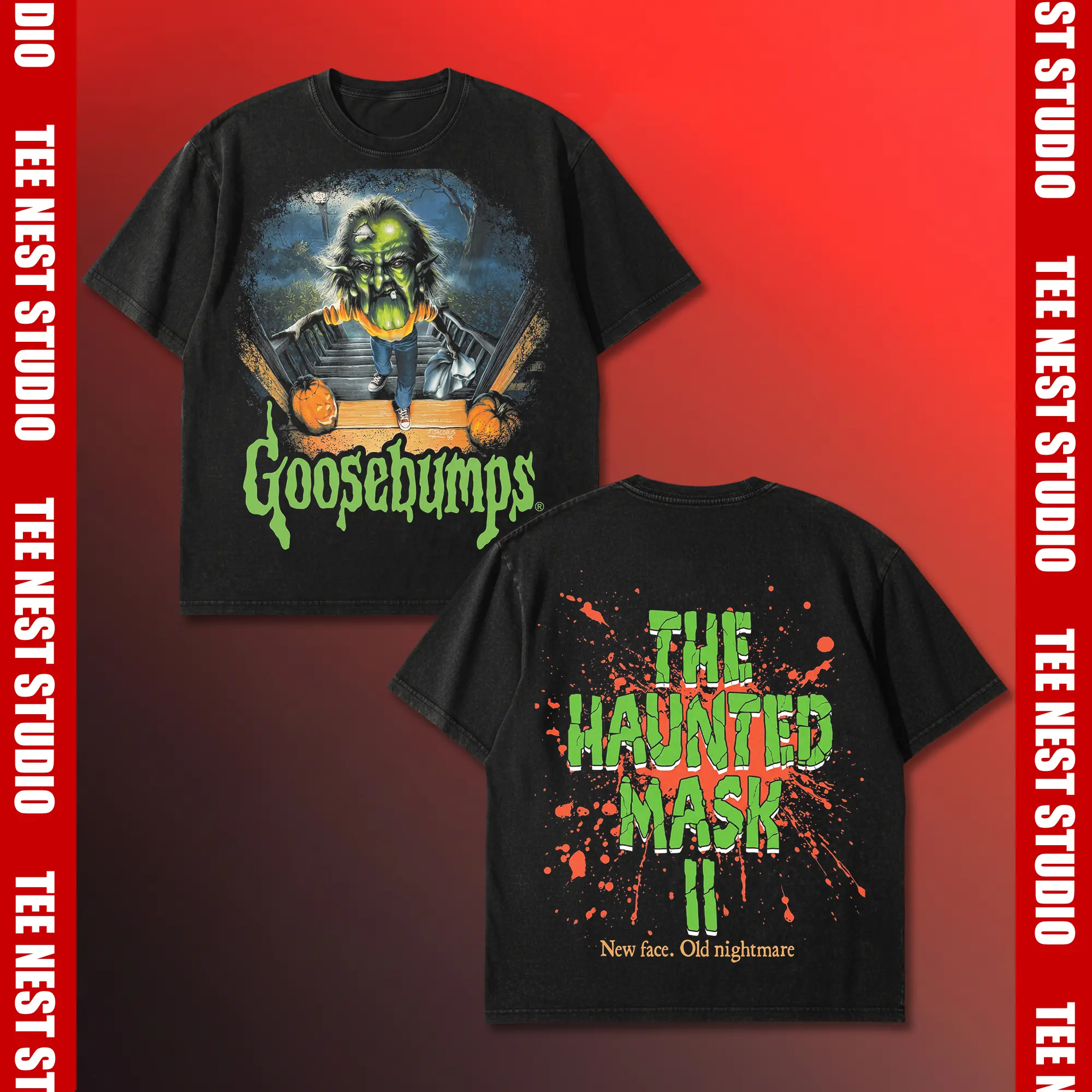 Goosebumps Graphic Tee, The Haunted Mask II Back Print Shirt, RL Stine 90s Vintage Book Cover T-Shirt, Spooky Nostalgia Horror Fan Gift, Halloween Pumpkin Cinema Merch, Retro Slime Green Wash Streetwear