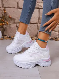 Lace-up sports Athletic dad shoes designed for women, height-increasing white casual chunky heel shoes, comfortable and lightweight wedge sneakers, breathable and durable, suitable for school, travel, dating, streetwear occasions, Footwear