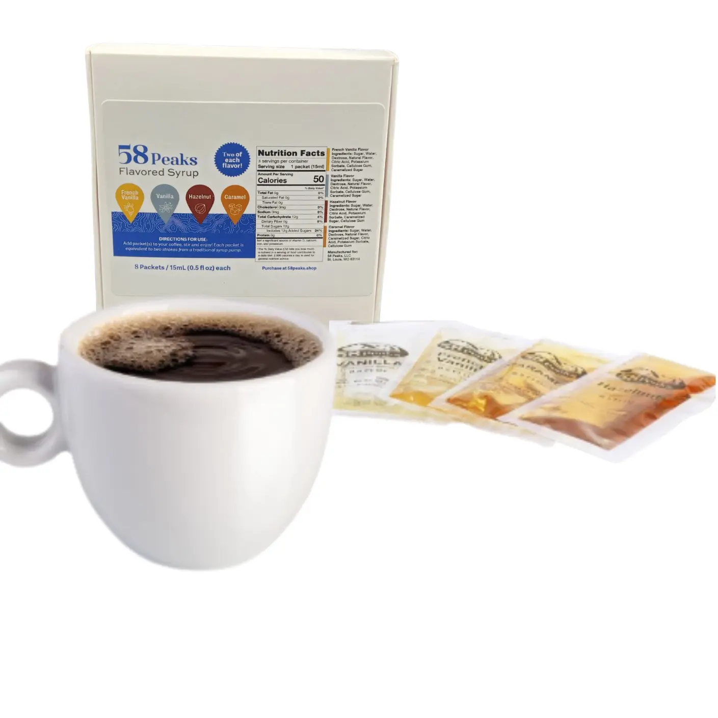 8 Count Variety Flavored Syrup Packets Vanilla Caramel French Vanilla Hazelnut for Coffee & Drinks, 15mL, 58Peaks