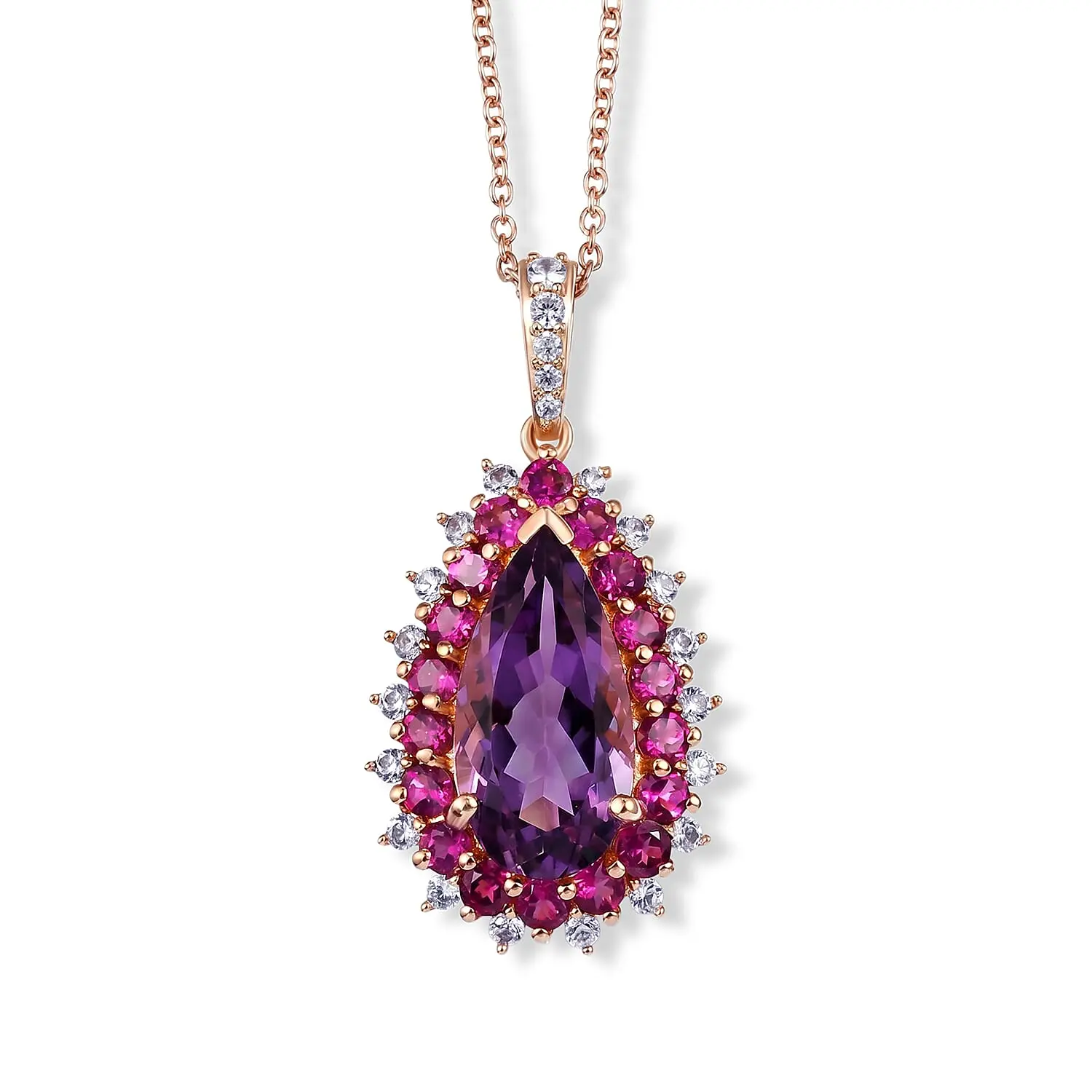 TLV EverTrue Rose De France Amethyst, Multi Gemstone Regal Teardrop Pendant in 18K RG Plated with ION Plated RG Stainless Steel Necklace (20 Inches) 11.40 ctw