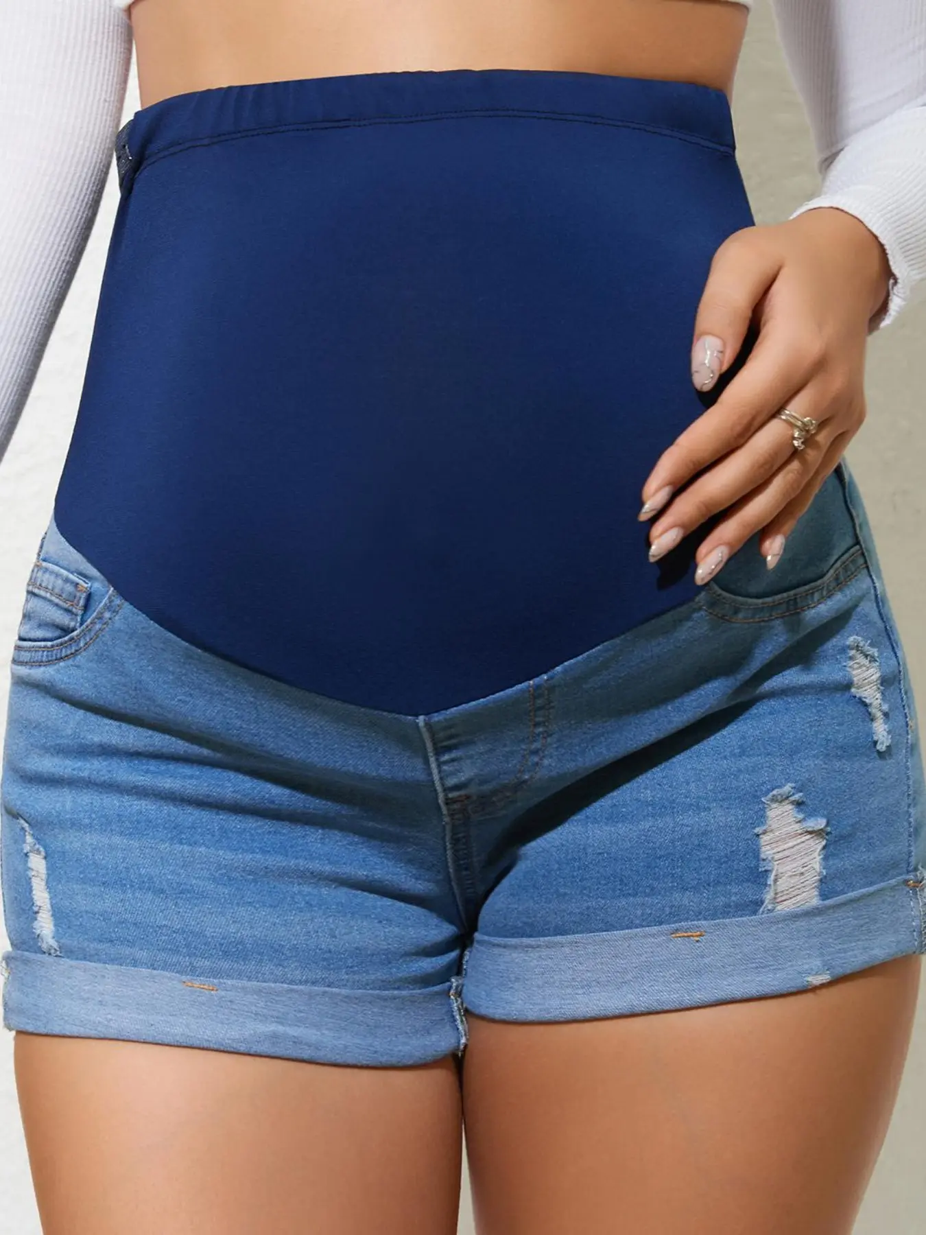 Blue Pregnant Denim Shorts, High Waist Loose-Fit, Mesh Rips Design, Lightweight Summer Wear, Fashionable for Home & Outdoors