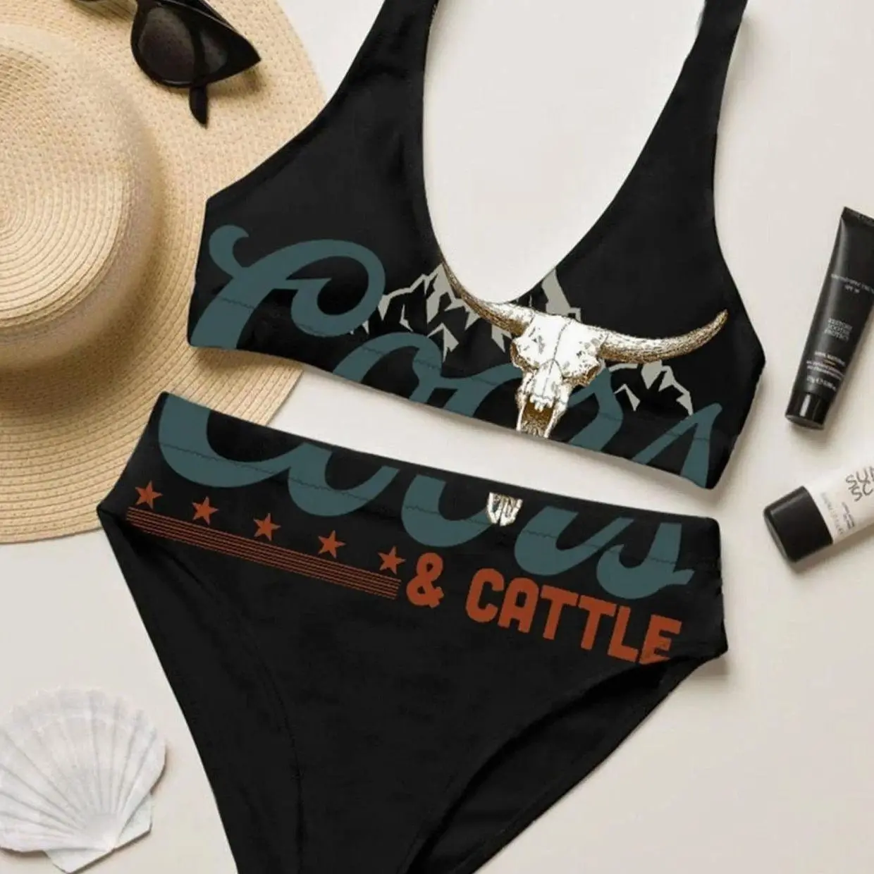 Coors Cattle Black Bikini Set, Trendy Swimsuit for Women, 2026 Independence Day Gift, Quick-Drying Clothing, Outdoor Wear, Summer Beach Outfit, Gift for her LK7 3L3