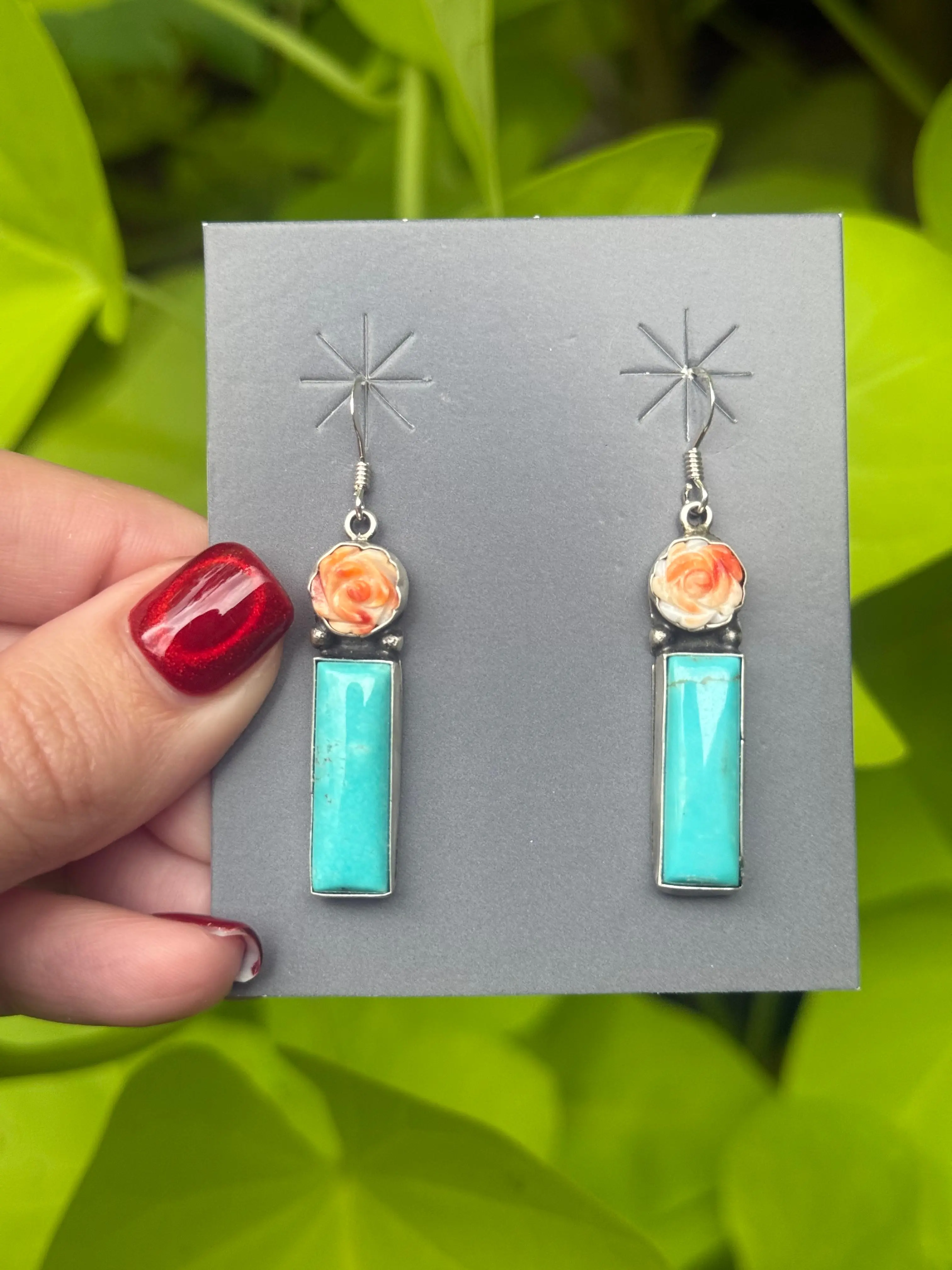 Navajo Pink Conch Rose and Turquoise Bar Sterling Silver Earrings