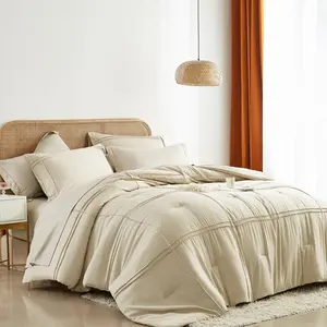 Full Size Comforter Set 7 count Bed in a Bag,Grid Pinch Pleat Beige Bedding Set,Striped Textured Soft Microfiber Comforter with Sheet Set,All Season Complete Bed Set(Beige,Full)