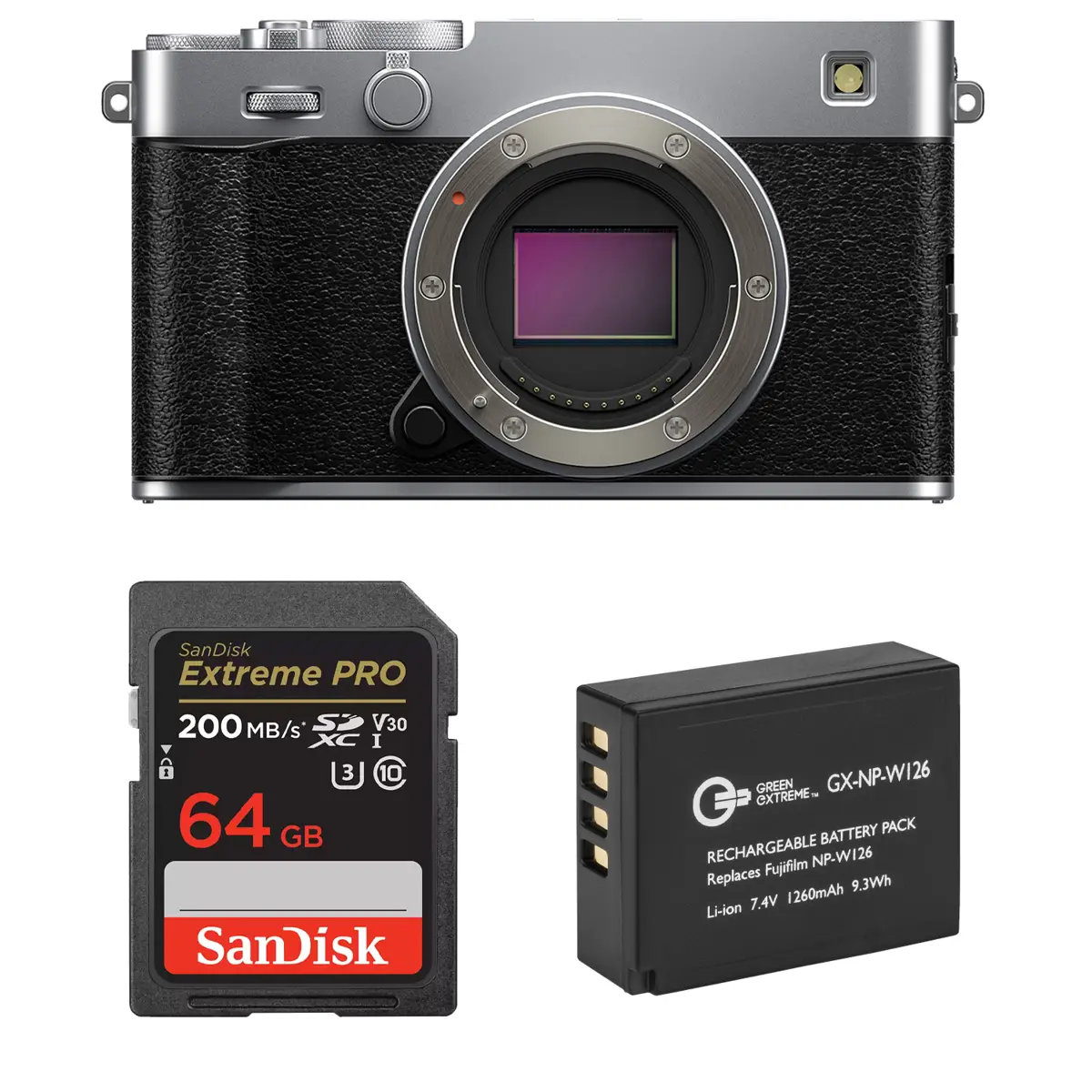 Fujifilm X-E5 Mirrorless Camera, Silver, Bundle with 64GB Memory Card and NP-W126 Battery