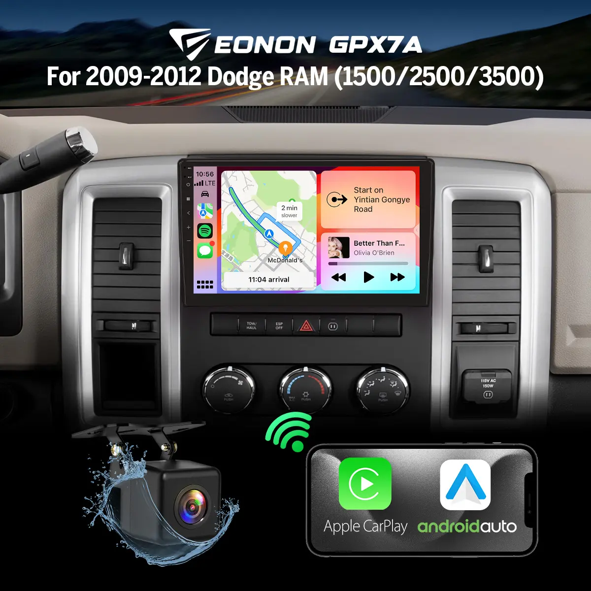 EONON 10.1" Android 14 Car Stereo Car Audio for Dodge Ram 1500/2500/3500 (2010-2012), Jeep Wrangler, Chrysler 300C - Wireless CarPlay Screen, CarPlay Touchscreen, Android Auto, SWC, Bluetooth, GPS, Backup Camera, Father's Day Gift - GPX7A,car accessories