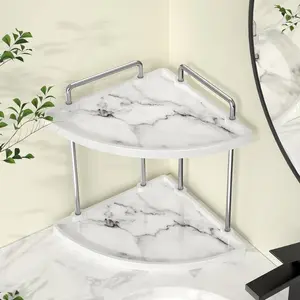 Hancrafted Ceramic Bathroom Sink Counter Organizer, 2-Tier Corner Counter Shelf with Marble Pattern, Vanity Skincare Perfume Organizer and Makeup Storage, Polished Chrome, BSC901-CH Plastic Aluminium Box Cleaning