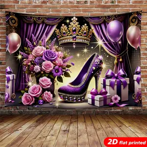 Purple Royal Tapestry Wall Hanging - 2D Flat Printed with Crown, High Heel, Rose, Balloon Design - Home Decor Backdrop for Women’s Birthday, Gift for Room Aesthetic day