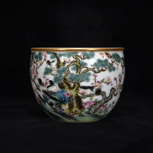Chinese Gilt Edge Famille Rose Flower Bird Porcelain Cup