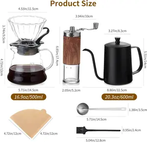 MESNEY - Pour Over Coffee Maker Set – 6-Piece Set with Coffee Maker, Hand Coffee Grinder, Hand Drip Kettle, V60 Filters (40 Sheets), and Measuring Spoon – Perfect for Home Brewing and Travel
