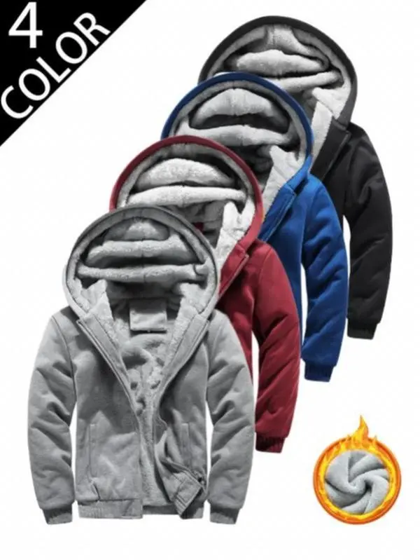 Trendy men’s two-piece sportswear set for young guys in autumn and winter, cross-border hot-selling  for This loose-fit outfit includes a fleece-lined thick zip-up hooded jacket and matching athletic sweatpants. Plush inner fleece lo