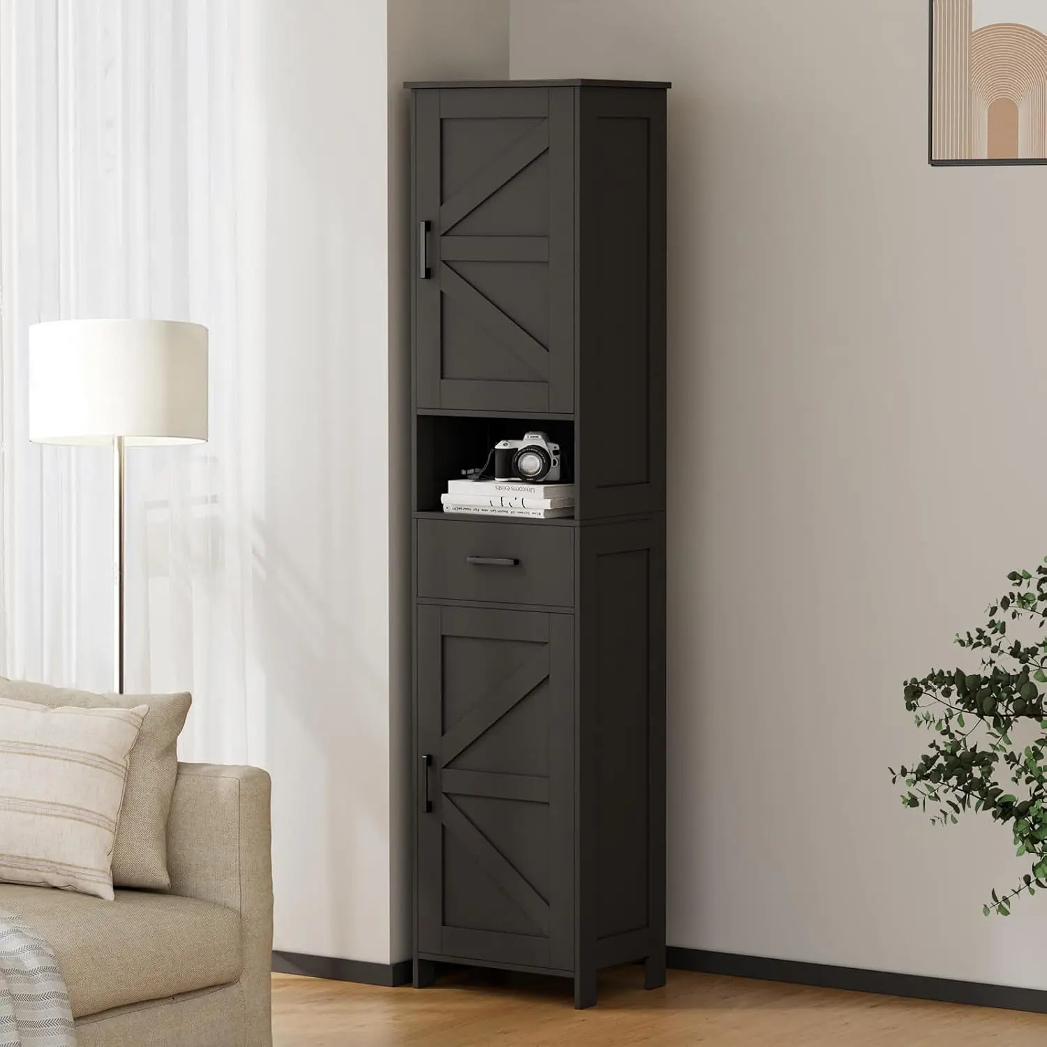 67" Tall Bathroom Storage Cabinet with 2 Barn Doors and Drawer, Narrow Floor Cabinet, Adjustable Shelves, Freestanding Cabinet for Bathroom, Laundry Room, Black, White or Grey