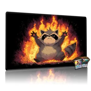 Chubby Cartoon Raccoon in Fiery Battle MTG Playmat - 12x24inch Non-Slip, TCG Compatible, Perfect for Family Gatherings & Gift, Dynamic Gaming Mouse Pad with Vivid Fire Design, Gaming Mousepad, Mouse Pad Cute