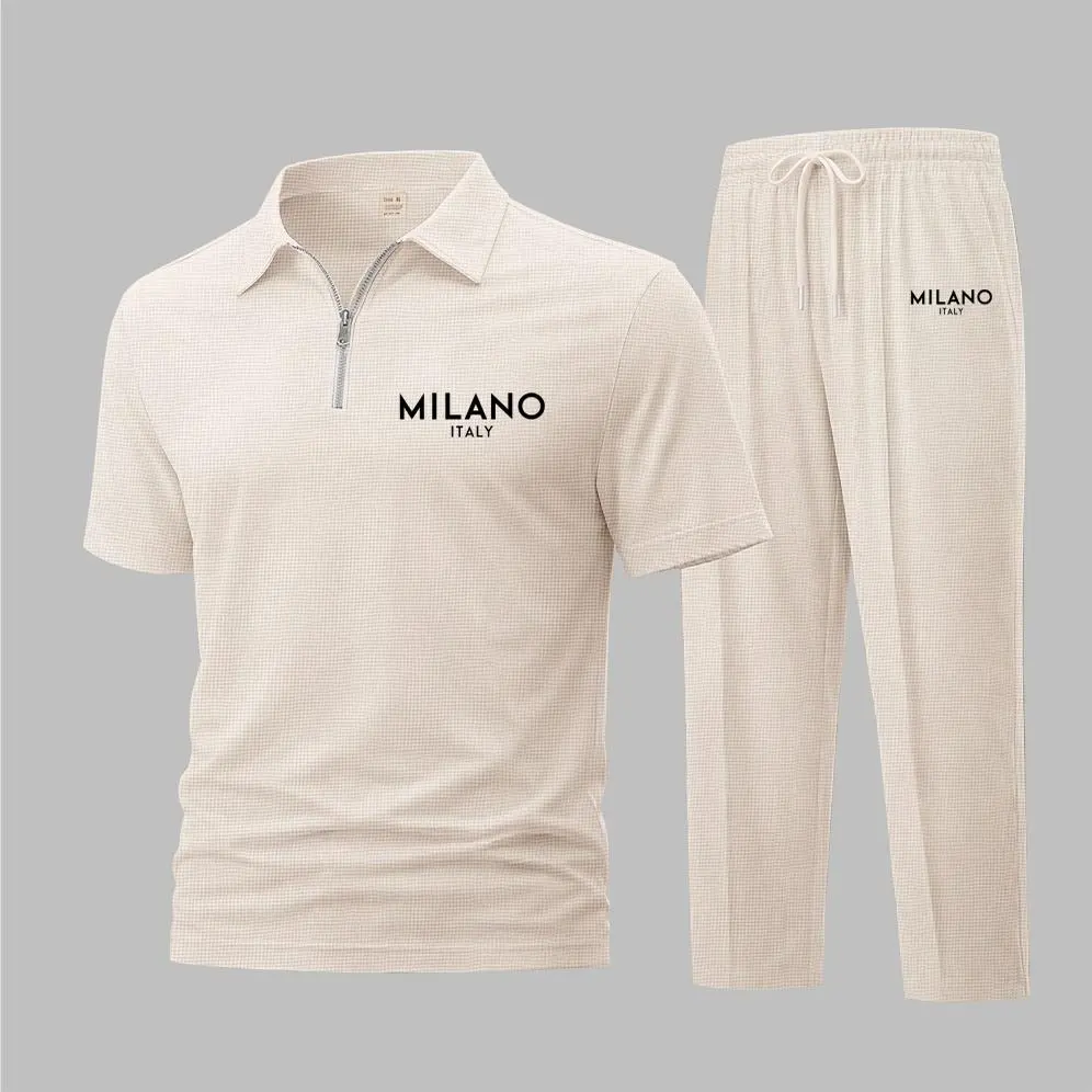 Men's Milano Print Waffle-Knit Polo Shirt Set, Short-Sleeve Zip-Up Collar Top with Matching Athletic Trousers, Casual Sportswear Outfit
