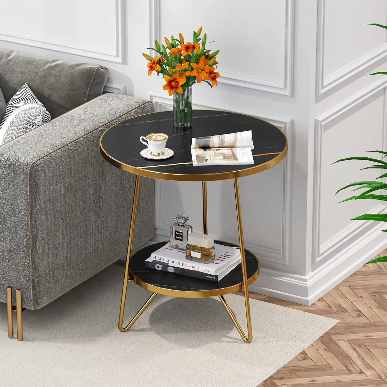 LITTLE TREE Faux Marble End Table, 2 Tier Round Side Table with Shelves, Modern Black Nightstand Bedside Table Small Coffee Accent Table for Living Room Bedroom