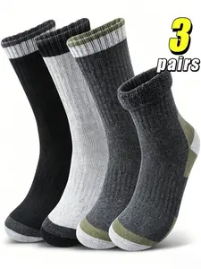 3 Pairs Men's Solid Color Thick Warm Sports Socks, Calf High Hiking Socks, Outdoor Climbing Socks, Fall & Winter Casual Style