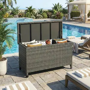 GAOMON 125 Gallon Large Deck Box Waterproof PE Rattan Outdoor Storage Box with Handles and Wheels, Storage Bin for Garden, Balcony, Porch, Pool, Yard,Gray
