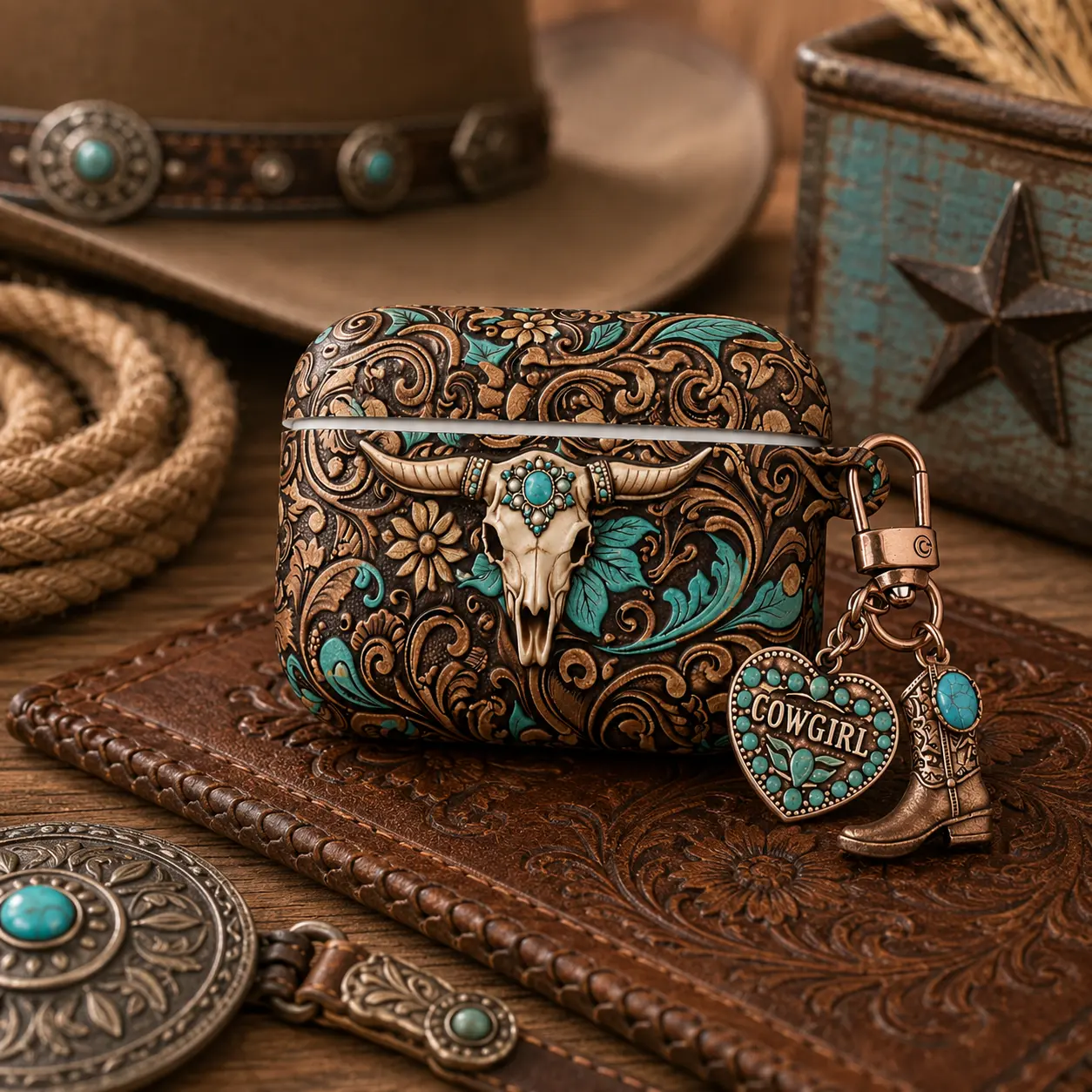 NO KEYCHAIN INCLUDED Long Horn Bull Skull Western Cowgirl Floral AirPods Case, Turquoise Tooled Leather Print Style Cover for AirPods Gen 1 2 3 4, Mexican Rustic