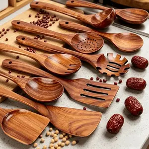 4-10 Piece Natural Teak Kitchen Cooking Utensils Set, Ergonomic Handle, Non-Porous Surface, Durable & Easy to Clean, Ideal for Daily Use & Special Occasions