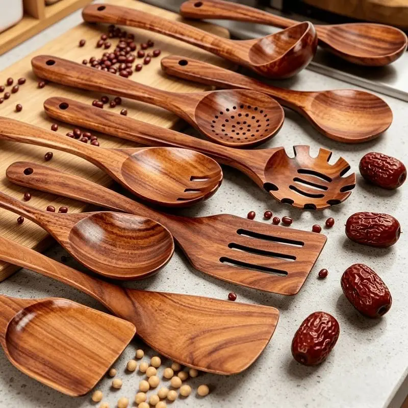 4-10 Piece Natural Teak Wood Utensils Set for Cooking, Wooden Cooking Utensils, Ergonomic Handle, Non-Porous Surface, Durable & Easy to Clean, Ideal for Daily Use & Special Occasions