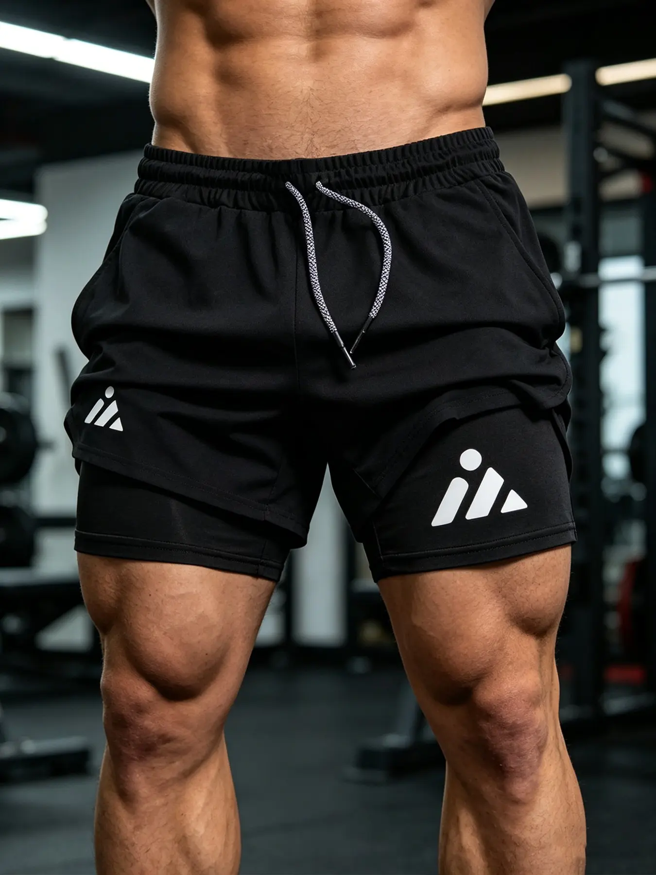 Men's 2-in-1 Gym Shorts Fitness Shorts Geometric Triangle Logo Print Double Layer Workout Shorts with Compression Liner Multi-Pocket Quick Dry Breathable Sport Shorts Performance Shorts Athletic Running Training Shorts