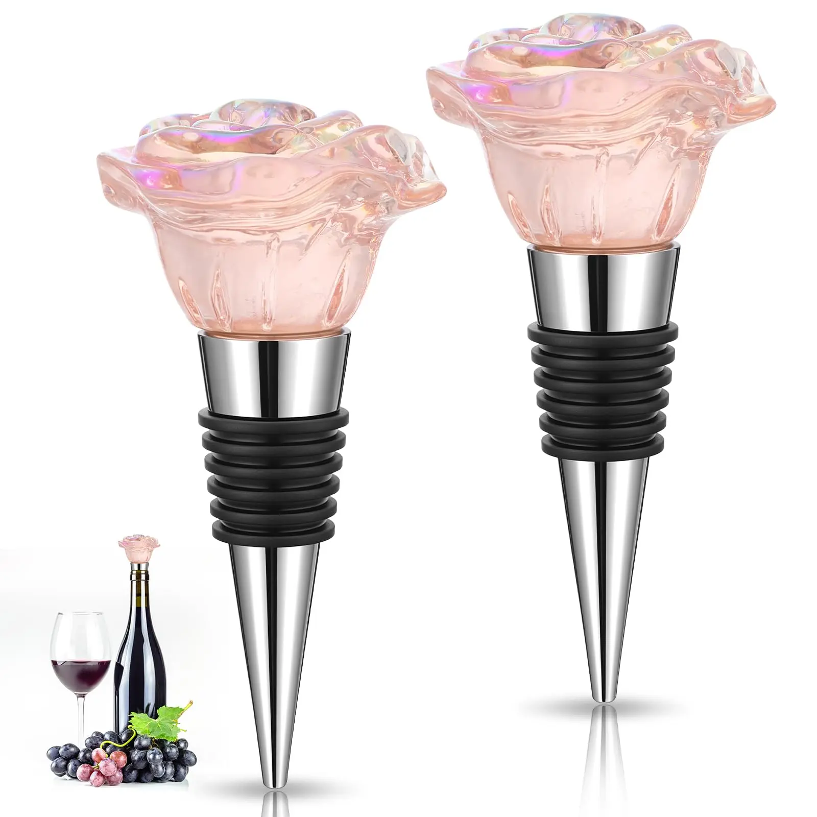 2 Pack Rose Wine Stopper, Wine Toppers for Wine Bottles, Reusable Wine Corks, Decorative Bottle Sealer, Wines Accessories Gifts for Wines Lovers, Wedding Favors