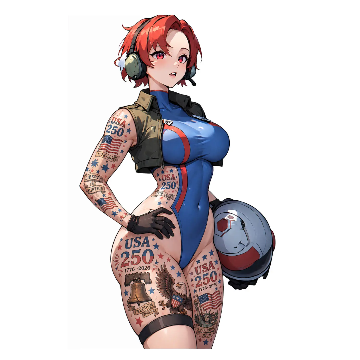USA 250 Aviator Anime Girl Sticker, 1776–2026 Freedom Decal for Laptop Car Helmet Tumbler, July 4th Gift, Bold Patriotic Blue Art