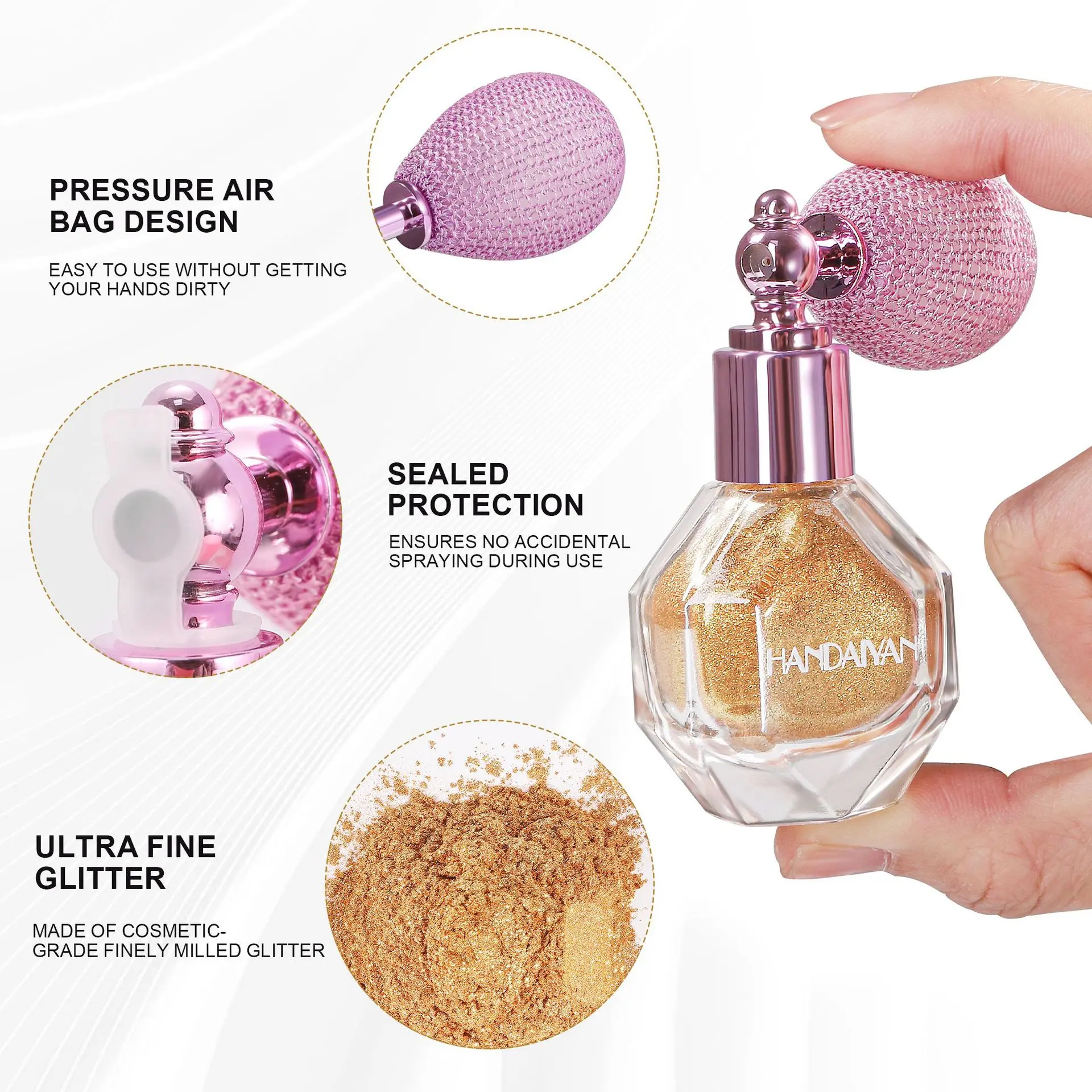 Handaiyan Glowy Highlighter Spray Bottle, Shimmer Glitter Body Powder Sprayer, High Shine Makeup Tool, Easy Application, Long-Lasting Sparkle Effect