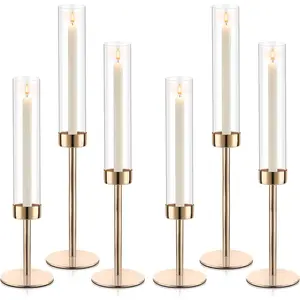 Hurricane Candle Holders, Set of 6 Glass Taper Candlestick Holders Metal Candle Stands Bulk with Glass Cover for Dining Tables Wedding Candelabra Centerpieces Decor