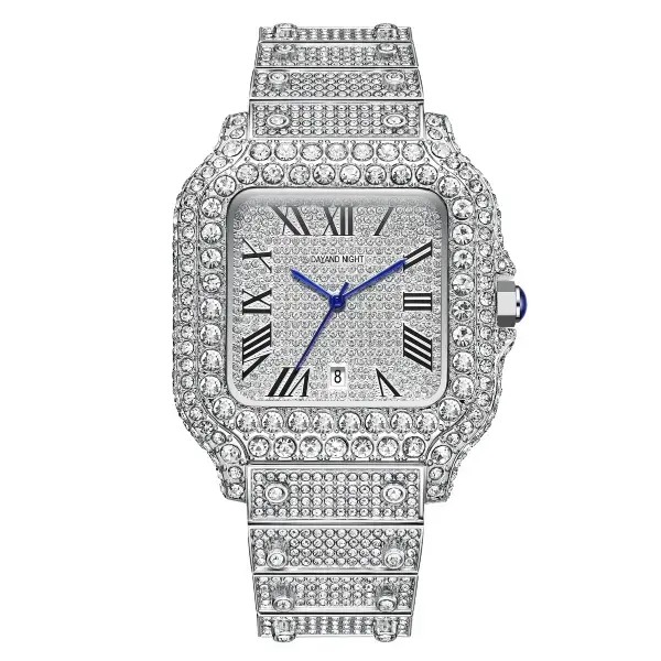 DialHaven Luxury Fashion Wrist Watch - Unisex Silver-Tone Iced-Out Bling Quartz Watch with Roman Numerals, Diamond-Styled Men's Accessories, Accessories for Women, Mens Gifts Polished for Business Banquets & Daily Wear