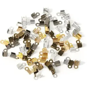 200 Pieces Fold Over Cord Ends Cord Crimp End Tips Fold-Over End Caps Leather Ribbon Ending Clasp Tips Jewelry Connector for Jewelry Making, 3.5 x 9 mm/ 0.14 x 0.35 Inch, 6 Colors