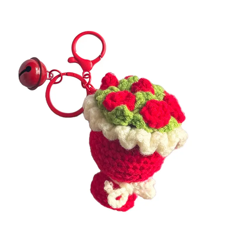 100% Hand-Crocheted 3D Wool Bouquet Keychain - Rose Motif, Artisanal Craftsmanship & Premium Details, Durable Bright Red Metal Keyring with Jingle Bell, Compact & Portable Blue Smooth Casual Fashion Bag Charm, Romance & Art Inspired, for Dating